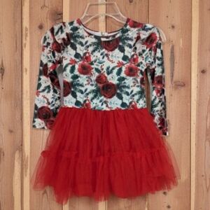 Dash Of Glitter Christmas Floral Red Tulle Dress